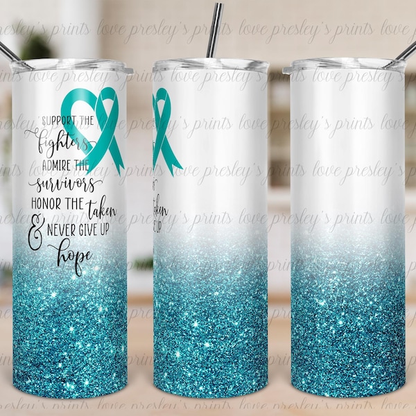 Tumbler Template, Ovarian Cancer Awareness, Teal Ribbon Cancer Awareness, Skinny Tumbler Template, Sublimation Design, Sublimation PNG