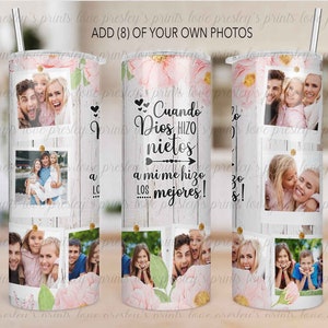 SPANISH (8) Photos Grandkids Tumbler Template, Nietos Photo Tumbler, Tumbler for Abuela PNG,  Pink Flower Tumbler