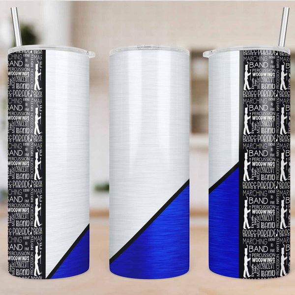 White Brushed Metal Blue Brushed Metal School Band Tumbler Template, Sublimation tumbler template