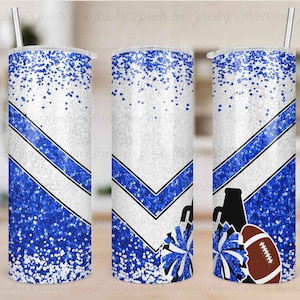 Blue White Football Cheer Glitter Tumbler Sublimation, School Football Tumbler Template, Design