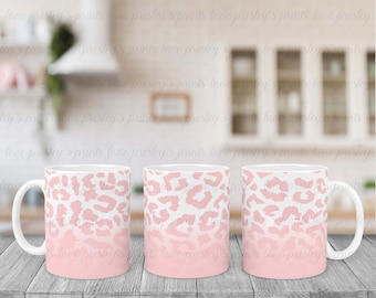Plantilla de sublimación de taza de café Leopard Blush de 11 oz y 15 oz, taza de leopardo, diseño de taza de sublimación