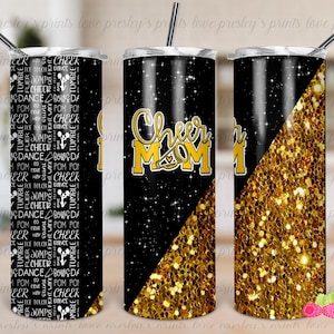 Cheer Mom Sublimation Tumbler Template Glitter Split Design Black Gold