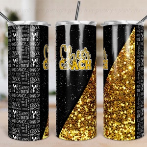 Black Gold Cheer Coach Sublimation Tumbler Template Glitter Split Design Black Gold