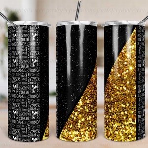 Black Gold Cheer Sublimation Tumbler Template Glitter Split Design Black Gold