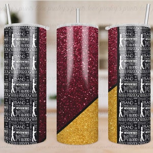 Crimson Red and Gold Glitter School Band Tumbler Template, Sublimation tumbler template