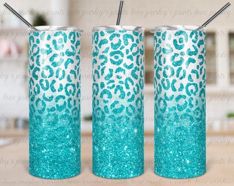 Teal Leopard Ombre Sublimation Tumbler Template, Full Wrap Tumbler, Teal Cheetah Print Tumbler, Cheetah Ombre Design