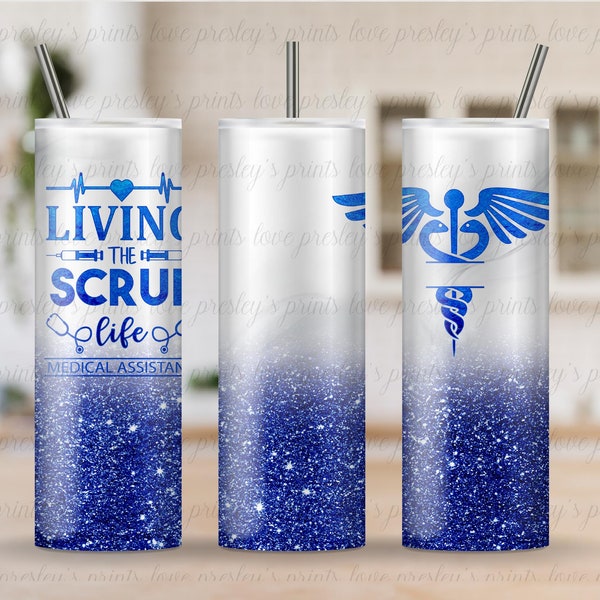 Blue Medical Assistant Marble Glitter Ombre Sublimation Tumbler Template Wrap