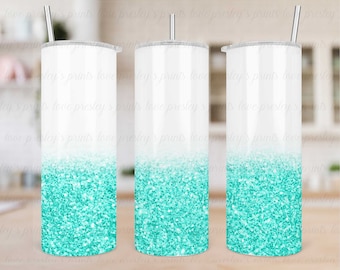 White to Teal Glitter Sublimation Tumbler Template, Sublimation Tumbler PNG, Tumbler Template, Tumbler Wrap