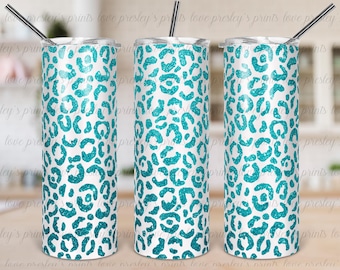 Teal Leopard Sublimation Tumbler Template, Full Wrap Tumbler, Teal Cheetah Print Tumbler, Cheetah Ombre Design