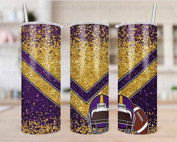 Purple Gold Football Glitter Tumbler Sublimation, School Football Tumbler  Template, Design 