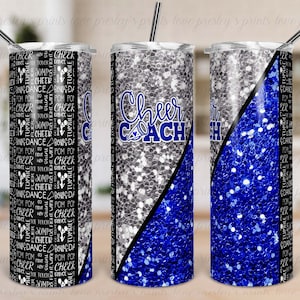 Blue Silver Cheer Coach Sublimation Tumbler Template Glitter Split Design