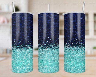 20 oz Skinny Navy to Teal digital glitter sublimation tumbler template png