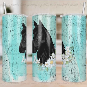 Teal crackle black horse wildflower tumbler template sublimation png