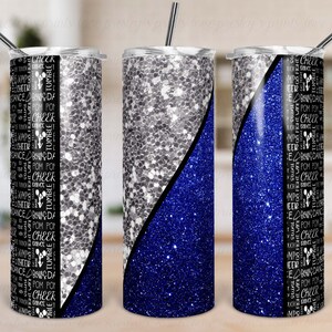 Blue Silver Cheer Tumbler Sublimation, Tumbler Template, Glitter Split Design, Cheer Tumbler PNG