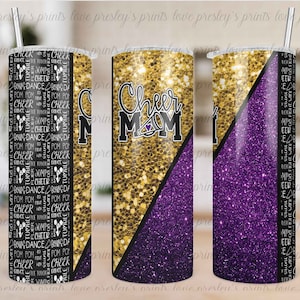 Cheer Mom Purple Gold Glitter Split Dance Cheer Tumbler Template