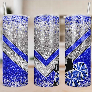 Blue Silver Cheer Tumbler Sublimation, Cheer Tumbler Template, Design, Cheer Tumbler
