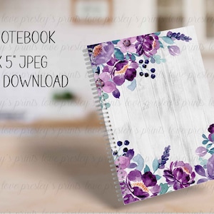 May include: A white woodgrain A5 notebook with a purple and blue floral design. The notebook is 8 inches by 5 inches and is a digital download.
