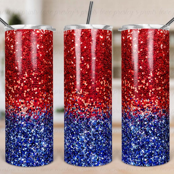 Sparkly Red to Blue Ombre digital glitter sublimation tumbler template png