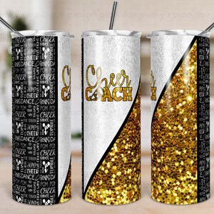 White Gold Cheer Coach Sublimation Tumbler Template Glitter Split Design Black Gold