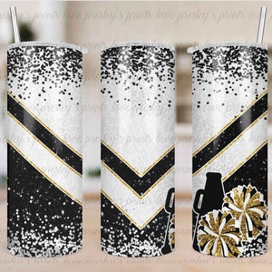 Black White Gold Cheer Tumbler Sublimation, Cheer Tumbler Template, Design, Cheer Tumbler