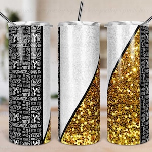 White Gold Cheer Coach Sublimation Tumbler Template Glitter Split Design Black Gold