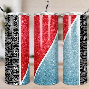 Hellblau Rot Cheer, Sublimation Tumbler Vorlage Glitzer Split Design Rot Glitzer