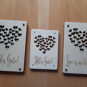 Geldgeschenk Geld Geschenk Karten zur Hochzeit aus Holz - immer wiederverwendbar " Love is in the Air " " Alles Gute " in versch. Größen