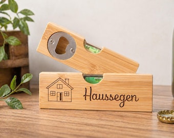 Flaschenöffner Wasserwaage aus Holz  mit Gravur " Haussegen " - Roh - Geschenk zum Richtfest - Hausbau Haus