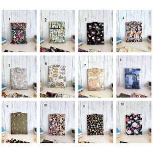 May include: A collection of twelve rectangular fabric pouches, each featuring a unique pattern including floral, cactus, map, animal, and book prints. Each pouch has a top flap closure and a front pocket, displayed in a numbered grid layout.