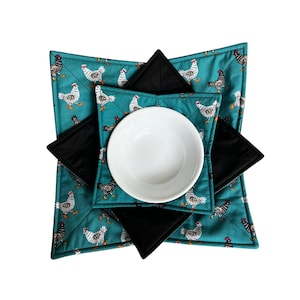 Chicken Fabric Microwave Bowl Cozy Set - Reversible Cotton Soup Bowl Holders