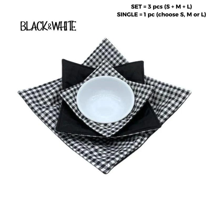 Black White Gingham Bowl Cozy, Microwave Safe Cotton Holder (Set or Single) Set of 3 (S/M/L)