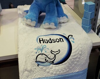 Personalized Baby Quilt: Whale Design, Embroidered Name or Monogrammed Cotton Blanket