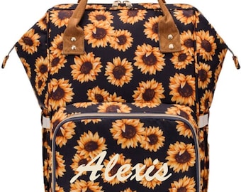 Monogrammed Sunflower Diaper Bag Backpack, Multi Functional SunflowerDiaper Bag Backpack, Mummy Monogrammed Baby Diaper Bag Backpack