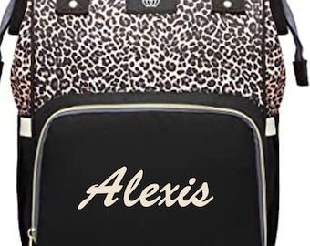 Monogrammed Leopard Print Diaper Bag Backpack: Personalized Nappy Bag