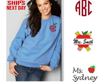 Personalized Teacher Sweatshirt: Embroidered Apple with Teacher’s Name Crewneck, Teachers Gift
