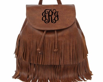 Monogrammed Fashion Fringe Drawstring Convertible Backpack | Monogram Handbag | Monogram Fashion Bag | Backpack Handbag with Fringe