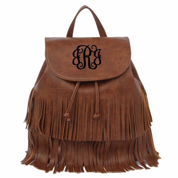 Monogrammed Fashion Fringe Drawstring Convertible Backpack / Monogram Handbag / Monogram Fashion Bag / Backpack Handbag with Fringe