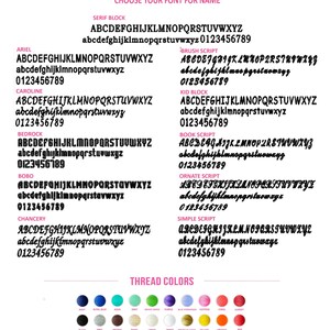 A chart showing different font styles for names, including Ariel, Caroline, Bedrock, Bobo, Chancery, Serif Block, Brush Script, Kid Block, Book Script, Ornate Script, and Simple Script. The chart also shows a color chart with thread colors for embroidery.