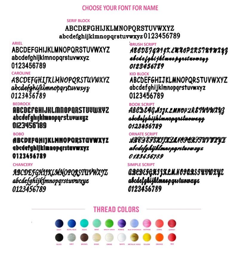 A chart showing different font styles for names, including Ariel, Caroline, Bedrock, Bobo, Chancery, Serif Block, Brush Script, Kid Block, Book Script, Ornate Script, and Simple Script. The chart also shows a color chart with thread colors for embroidery.