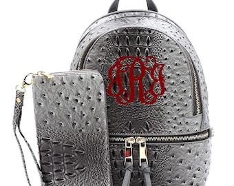 Monogrammed Ostrich Crocodile Vegan Leather Backpack With Wallet - Etsy