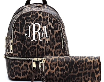 Monogrammed Leopard Backpack Wallet Set: Personalized Vegan Leather Purse