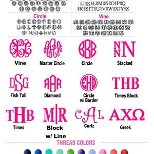 A chart showing different monogram fonts, including Master Circle, Circle, Vine, Stacked, Fish Tail, Diamond, Circle w/ Border, Times Block, Block w/ Line, Curlz, and Greek. The chart also shows thread colors in a variety of colors.