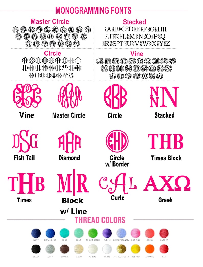 A chart showing different monogram fonts, including Master Circle, Circle, Vine, Stacked, Fish Tail, Diamond, Circle w/ Border, Times Block, Block w/ Line, Curlz, and Greek. The chart also shows thread colors in a variety of colors.