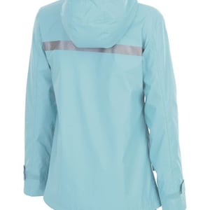 May include: A light blue hooded jacket with a reflective strip across the back. The jacket has a zipper closure and two pockets.
