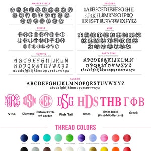 Pu&ograve; includere: Un grafico che mostra diversi font per monogrammi, tra cui Master Circle, Circle, Curly Q, Stacked, Vine, Party Time, Classic e Times Block. Il grafico mostra anche esempi di ogni font e un elenco di colori del filo.