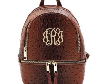Monogrammed Ostrich Crocodile Vegan Leather Backpack & Wallet Set