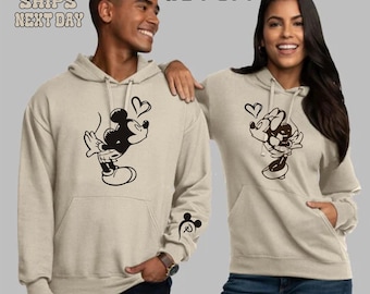 Custom Minnie Mickey Couple Hoodie, 3D Puff Initial, Valentine's Gift