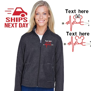 Nurse Fleece Jacket | Fleece Full Zip Jacket with Stethoscope Heartbeat with Mickey Mouse, Minnie & Nurse Credentials Embroidery Design NE