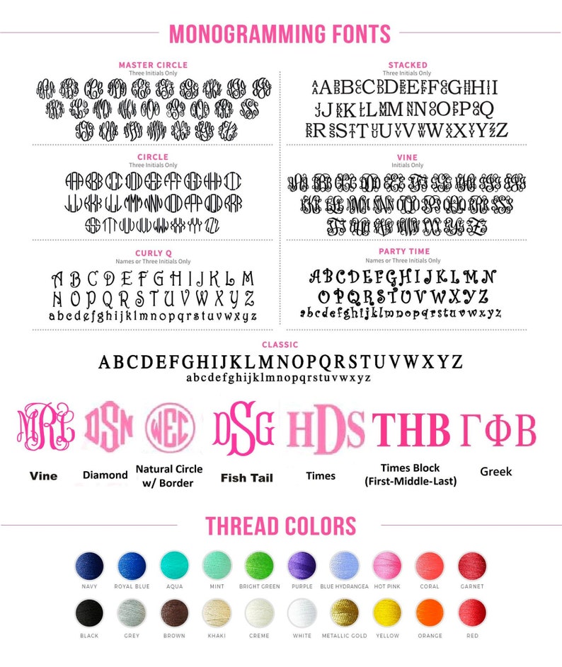 Op de afbeelding: Een grafiek met verschillende monogram-lettertypen, waaronder Master Circle, Circle, Curly Q, Stacked, Vine, Party Time, Classic, Fish Tail, Times, Times Block en Greek. De grafiek toont ook garenkleuren in een verscheidenheid aan kleuren, waaronder marineblauw, koninklijkblauw, aqua, mint, felgroen, paars, blauwe hortensia, roze, koraal, granaat, zwart, grijs, bruin, kaki, cr&egrave;me, wit, metallic goud, geel, oranje en rood.