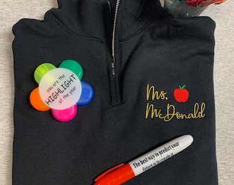 Embroidered Teacher Quarter Zip Sweatshirt: Personalized Teachers Name and Apple Design